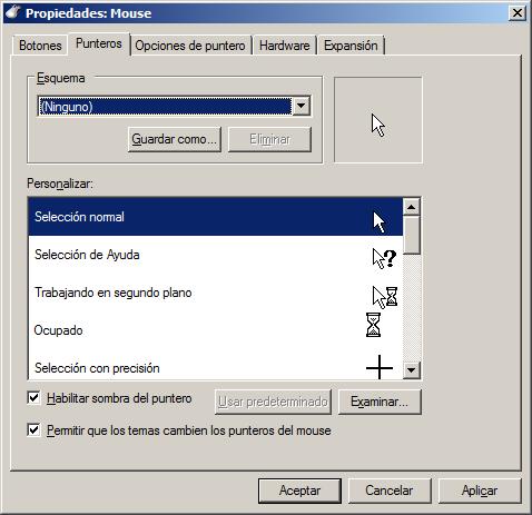 Imagen de la ventana de Punteros del ratón de Windows 7
